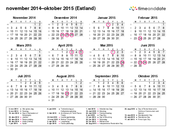 Kalender for 2014 i Estland