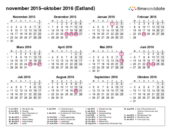 Kalender for 2015 i Estland