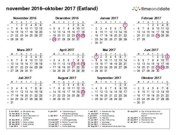 Kalender for 2016 i Estland