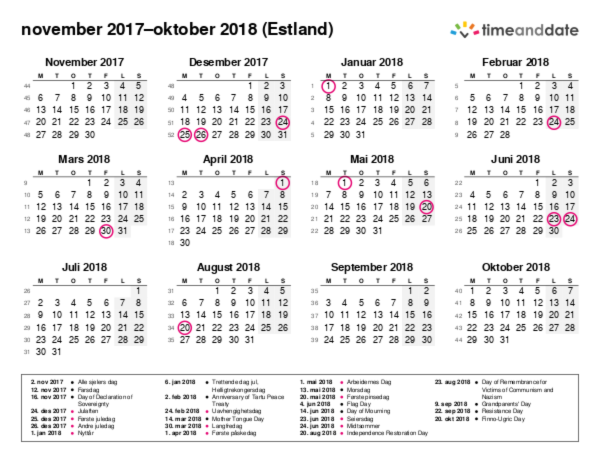 Kalender for 2017 i Estland