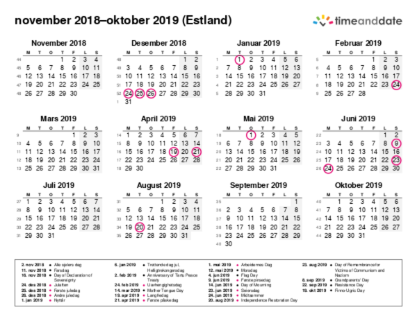 Kalender for 2018 i Estland