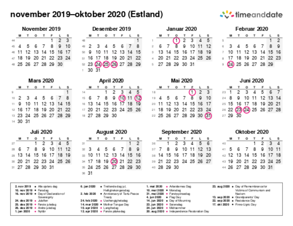 Kalender for 2019 i Estland