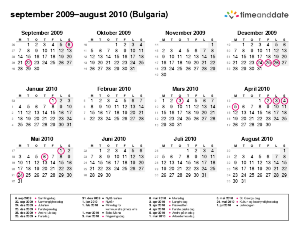 Kalender for 2009 i Bulgaria