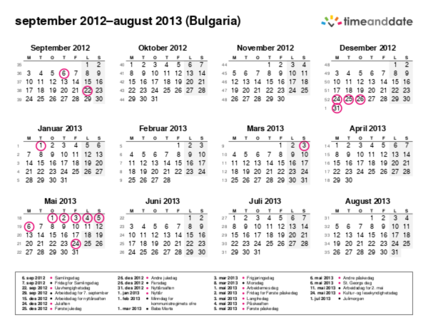 Kalender for 2012 i Bulgaria