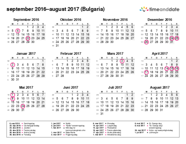 Kalender for 2016 i Bulgaria