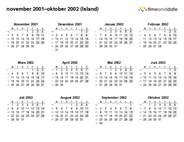 Kalender for 2001 i Island