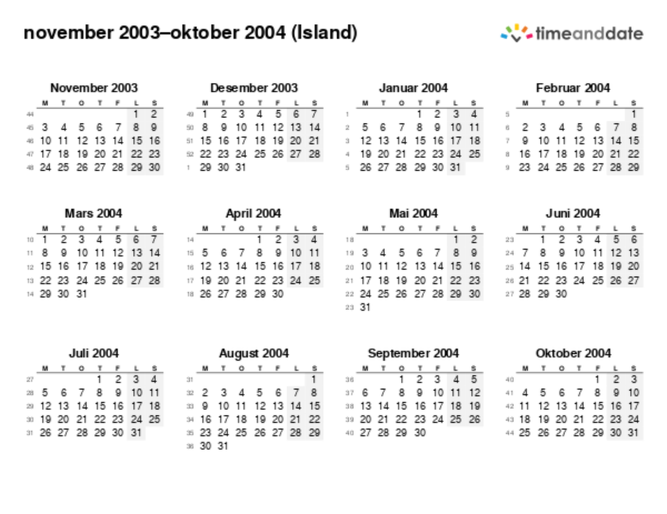 Kalender for 2003 i Island