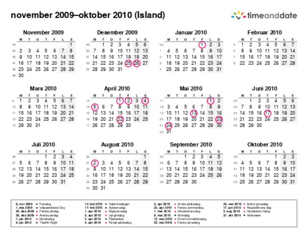 Kalender for 2009 i Island