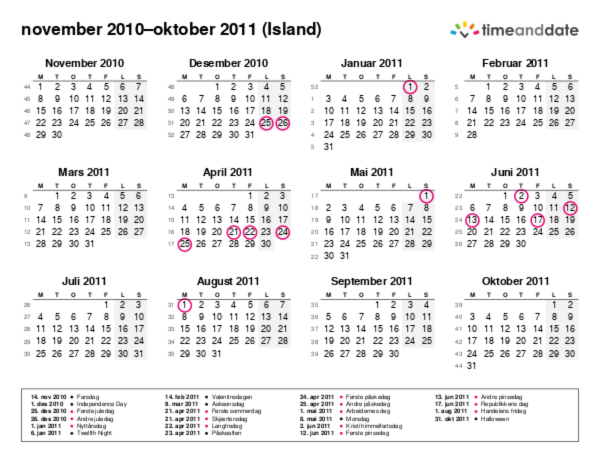 Kalender for 2010 i Island