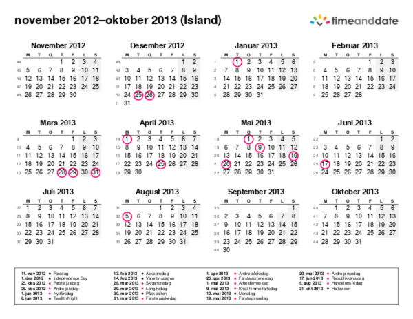 Kalender for 2012 i Island