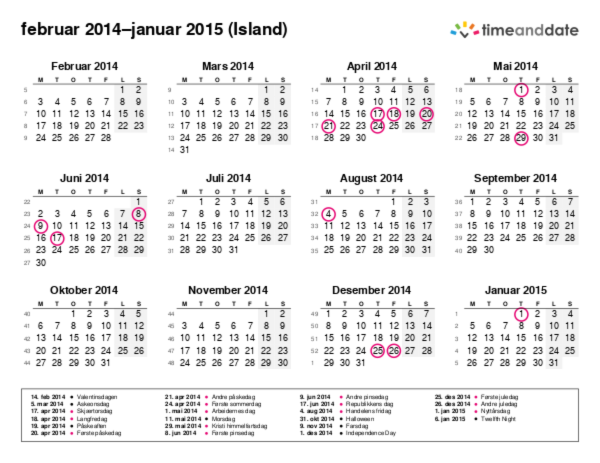 Kalender for 2014 i Island