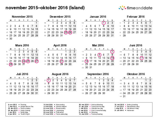 Kalender for 2015 i Island