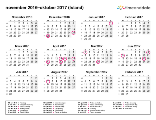 Kalender for 2016 i Island