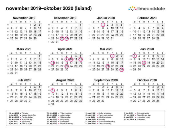 Kalender for 2019 i Island