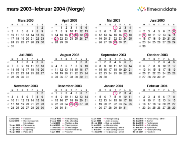 Gratis utskriftsvennlig kalender med helligdager for 2003