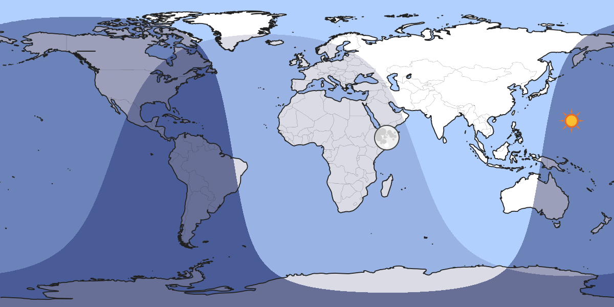 Kartet viser hvor i verden månen er over horisonten akkurat nå.