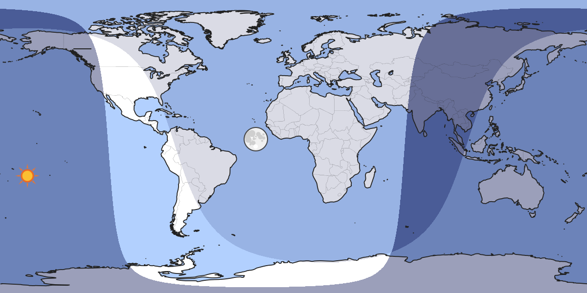 Kartet viser hvor i verden månen er over horisonten akkurat nå.